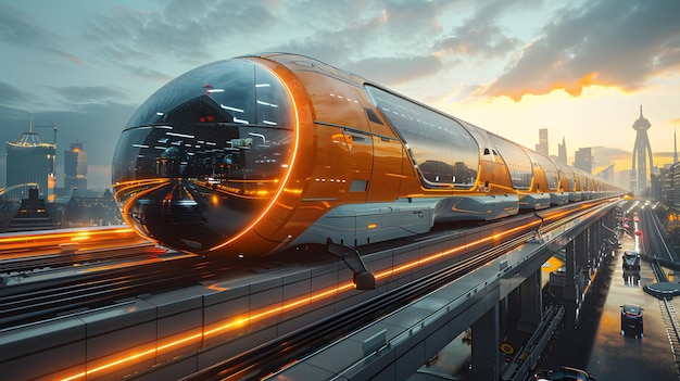 Photo a futuristic train with orange and silver colors is traveling down a track