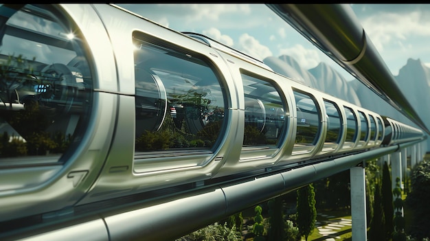 Photo futuristic train with transparent pods speeds through a mountain landscape