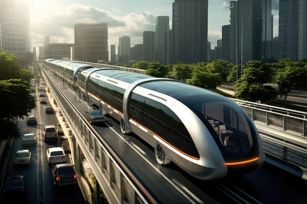 A futuristic train zooms through a bustling metropolis passing towering skyscrapers and futuristic buildings Solar powered automobiles in a trafficless future city AI Generated