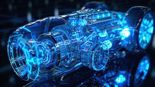 Photo futuristic transparent car engine with glowing blue internal components