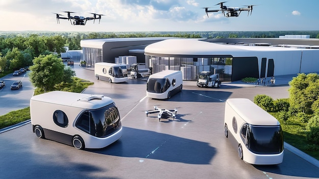 Photo futuristic transport hub with drones and autonomous vehicles at a logistics facility during daylight