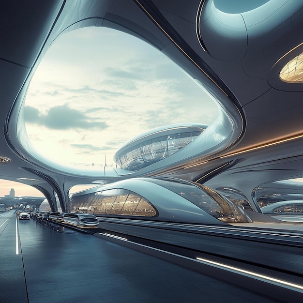 A futuristic transportation hub with sleek lines and innovative architecture