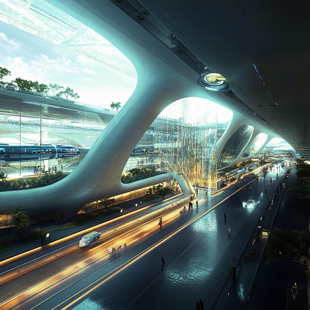 Photo a futuristic transportation hub with sustainable design and energyefficient features