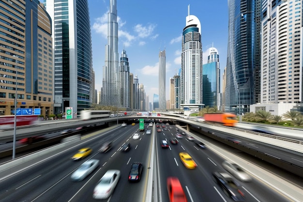 Photo futuristic transportation infrastructure in busy tunnel next to tall buildings