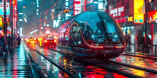 Photo futuristic transportation pod in neon cityscape a highangle view with dynamic colors concept futuristic technology transportation neon cityscape highangle view dynamic colors