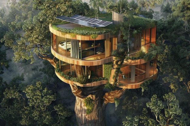 Photo futuristic treehouse with panoramic windows and solar panels