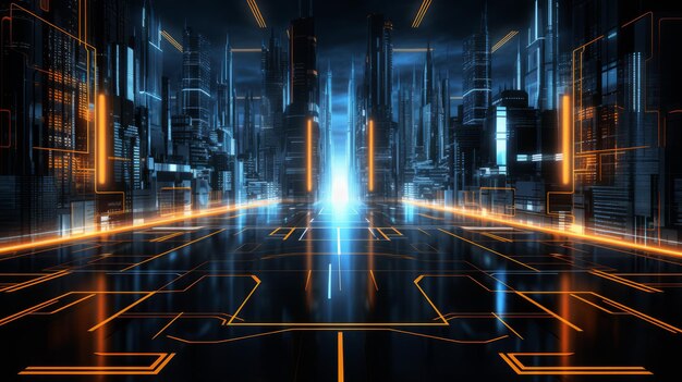 A Futuristic Tron LegacyInspired Background with Illuminated Grid and Shapes