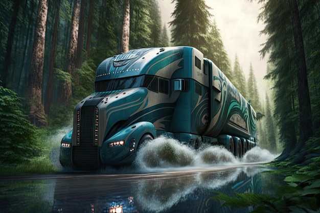 Futuristic truck racing through forest with trees and water in the background