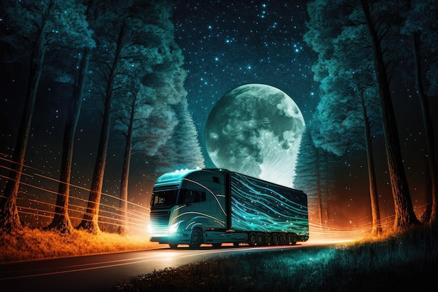 Futuristic truck speeding past forest at night with starry sky visible through the trees