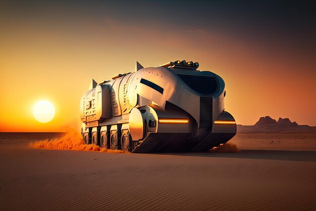 Futuristic truck speeding through the desert with beautiful sunset in the background