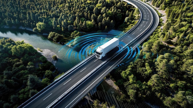 Photo a futuristic truck traversing a road over a river enveloped by blue sound waves with a lush green forest in the background creating a visually captivating and technologically advanced scene