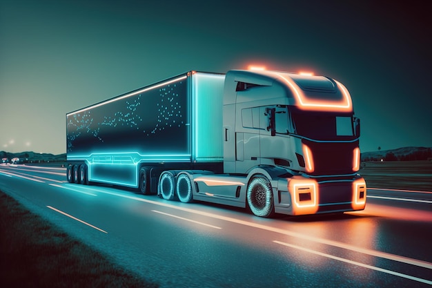 A futuristic truck with an autopilot delivers goods to a warehouse AI