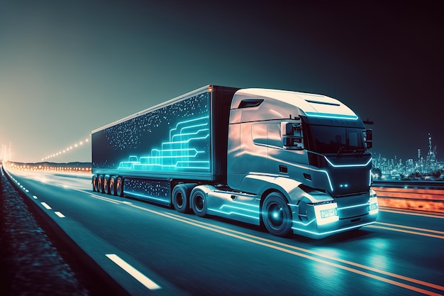 A futuristic truck with an autopilot delivers goods to a warehouse AI