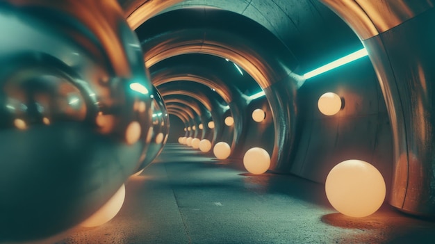 Photo a futuristic tunnel bathed in blue and orange light adorned with glowing orbs that create an otherworldly ambiance