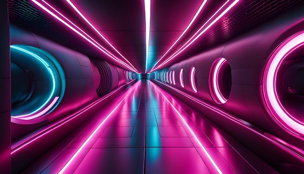 Futuristic tunnel corridor with neon glowing lights