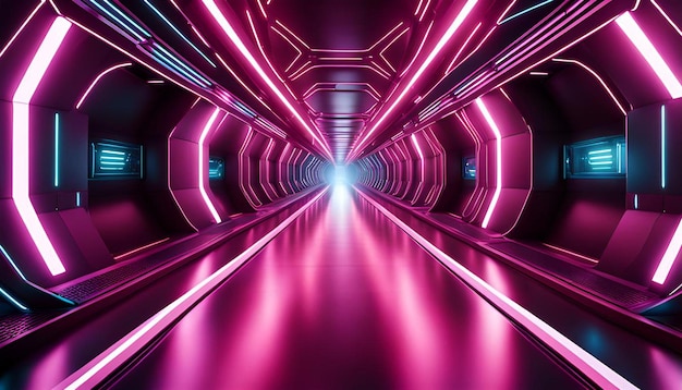 Futuristic tunnel corridor with neon glowing lights