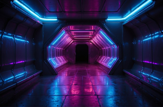 Photo a futuristic tunnel illuminated with vibrant neon lights in shades of purple and blue the geometric design and sleek lines create a sense of depth and endlessness evoking a scifi atmosphere