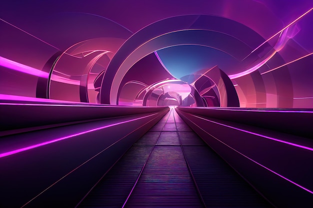 Futuristic tunnel motion speed effect background subway neon lights digital illustration