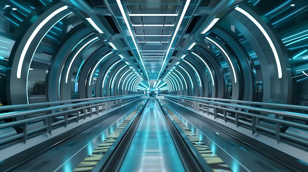 Futuristic tunnel with blue lights and a moving walkway