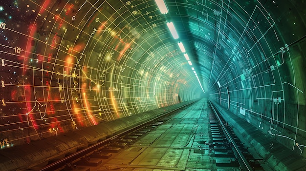 A futuristic tunnel with glowing digital patterns and railway tracks leading to a bright light at the end