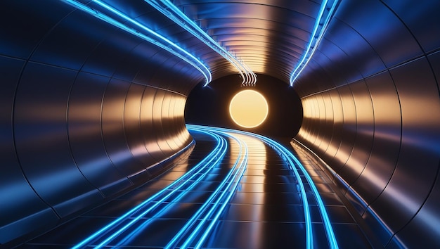 Photo futuristic tunnel with glowing lines and depth leading to distant light