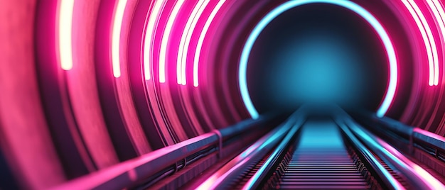 Photo futuristic tunnel with neon lights and moving walkway concept of innovation technology and modern urban design