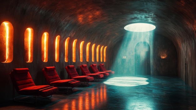 Photo futuristic underground lounge with red chairs and dramatic lighting from circular skylight