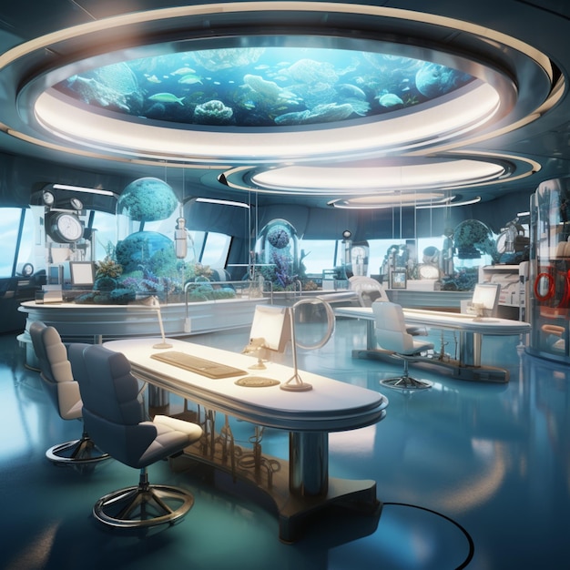 Futuristic underwater aquriam computer desk room pictures AI Generated art