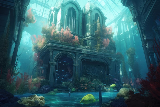 Futuristic Underwater Castle with Fish and Corals Generative AI