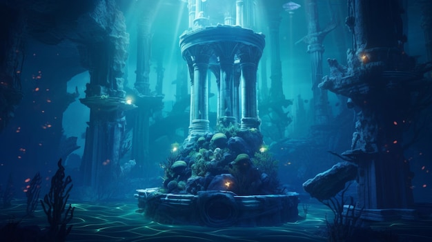 In a futuristic underwater city a Doric column stands among bioluminescent creatures