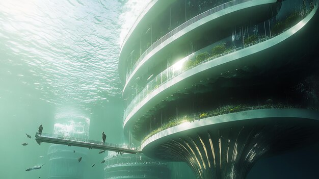 Photo a futuristic underwater city with buildings that have balconies walkways and vegetation with people walking on a bridge