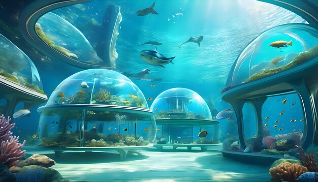 Photo a futuristic underwater city with transparent domes and marine life outside