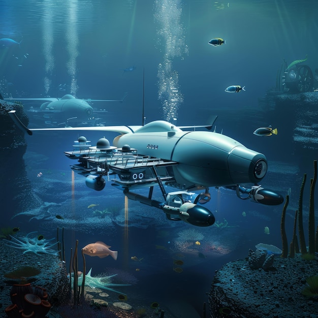 Futuristic underwater drone exploring colorful coral reef