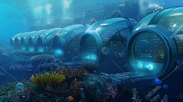 Photo futuristic underwater habitat with glowing lights