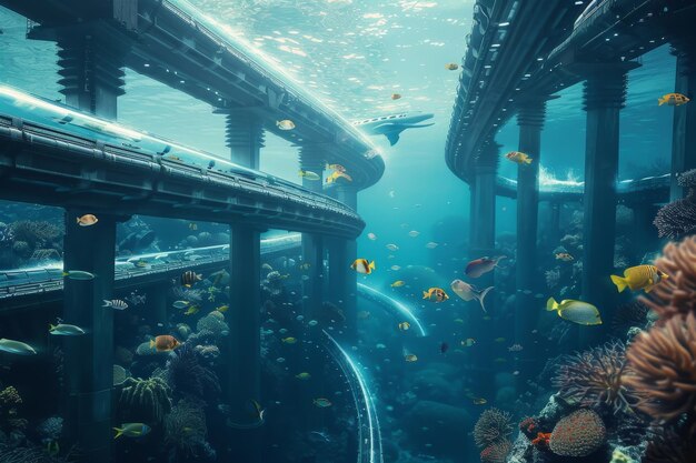 Photo futuristic underwater highway network advanced transport system beneath ocean surface