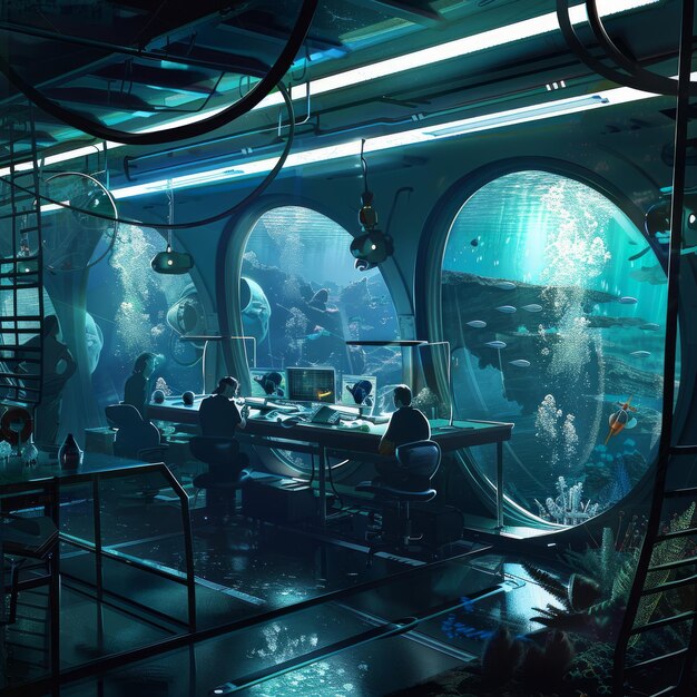 Photo futuristic underwater lab with scientists observing marine life