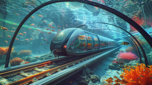 Photo futuristic underwater railway with bullet train in crystal tunnel vibrant fish surreal travel