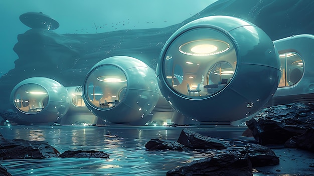 Photo futuristic underwater research facility bubble domes a cuttingedge underwater facility