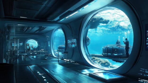 Photo a futuristic underwater research facility with large windows showcasing marine life