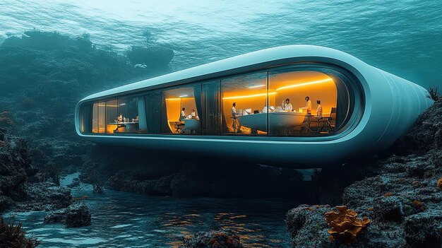 Photo a futuristic underwater research lab nestled on the ocean floor with scientists observing marine life through large panoramic windows