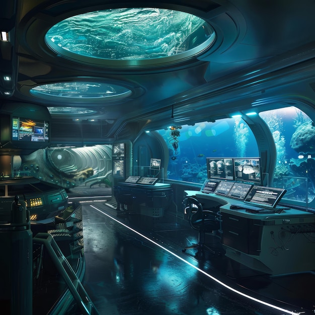 Photo futuristic underwater research station with large windows looking out at coral reef