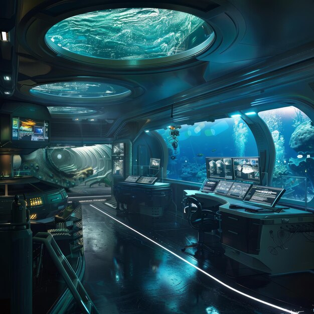 Photo futuristic underwater research station with large windows looking out at coral reef