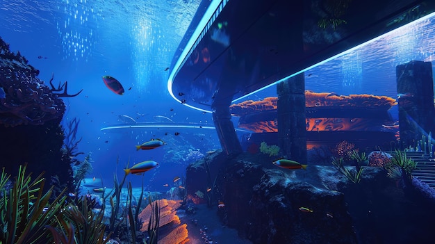 A futuristic underwater scene featuring a circular enclosed aquarium