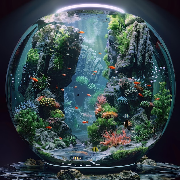 A futuristic underwater scene featuring a circular enclosed aquarium