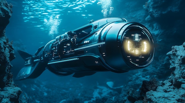 Photo futuristic underwater submersible exploring the depths of the ocean