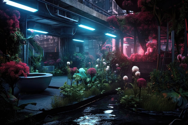 Futuristic urban garden with bioluminescent plants created with generative ai