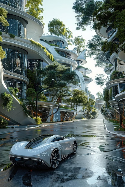 Photo futuristic urban landscape with modern architecture and sleek electric car on a rainy day