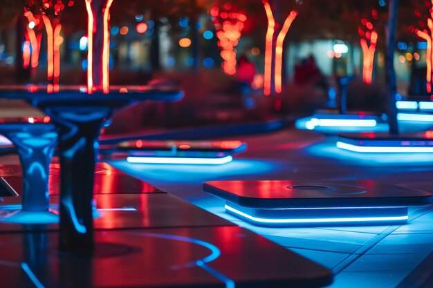 Futuristic Urban Park at Night with Neon Lights and Modern Design Elements