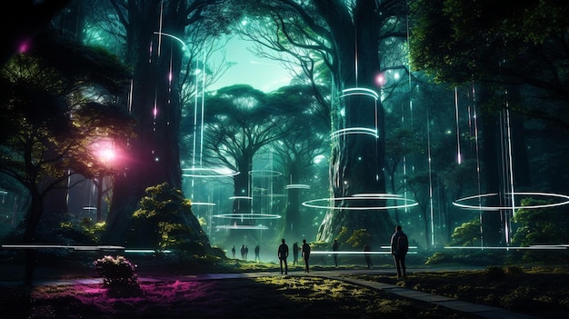 Futuristic urban park with bioluminescent trees and realtime data