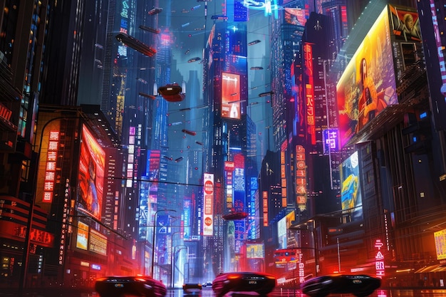 Futuristic urban skyline with hovering vehicles resplendent